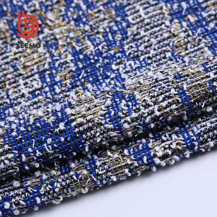 High quality knitted yarn-dyed fabric women coat material polyester metallic gold lurex Italian tweed knitted fabric