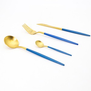 High quality spoon,fork,knife,stainless steel flatware,matte gold and blue cutlery set