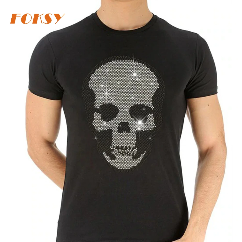 Hot Fix Crystal Bling Red Skull Motif Custom Rhinestone Transfer Design for T-shirt