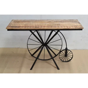 Industrial Modern Cycle Wheels Mango Wood Top Bar Table