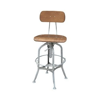 Industrial Style Modern Bar Chair Metal Frame Plywood Seat Wood Adjustable Bar Stool Swivel Bar Chair
