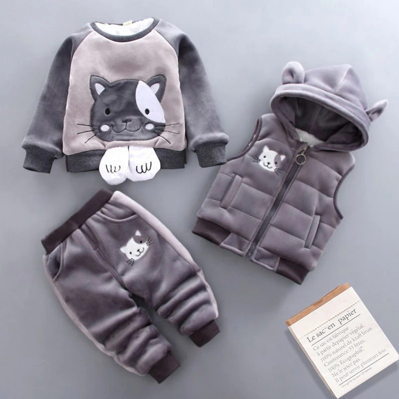 Infant Toddler cat design wholesale Winter wool filling warm  outfits 3 piece pullover+hoody vest+pants baby clothing set