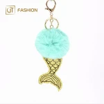 Jtfur Girls Fake Rabbit Fur Key Chain Mermaid Fluffy Ball Keyring Fur Pom Poms
