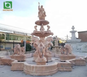 Large Pink Marble Outdoor Garden Water Fountain with Horse and Lion
