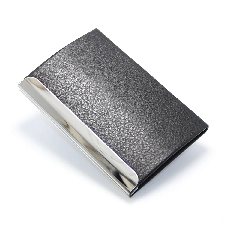 Litchi Grain Pattern Black Leather Flannelette Lining Stainless Steel Metal Leather Men Wallet Genuine Credit Card Holder