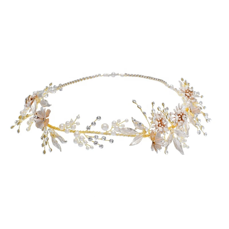 Luxury Crystal Wedding Pearl Gold Leaf Hair Accessories Earring Bridal Handmade Ceramic Flower Headpiece Women Tiaras Crowns