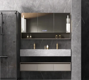 Luxury Plywood Bathroom Cabinet with Mirror Impact-resistant Slab Wash Basin