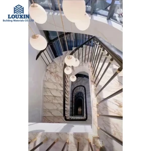 LX Luxury Modern Staircase New Calacatta White Marble Stone Staircase Railing Design Steel Railing