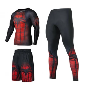 Mens Sublimation 3 Pc Set Workout Compression BJJ MMA Long Sleeve Rash Guard Sports Tight Base Layer Suit Quick Dry