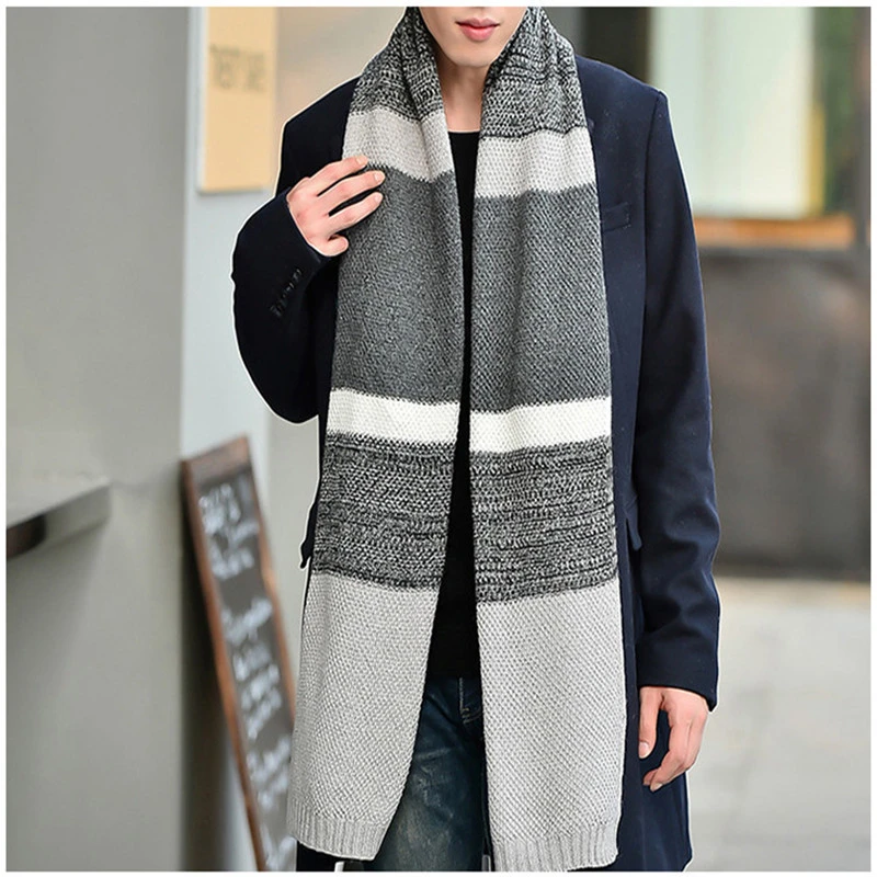 Mens Thick Knitted Stripe Long Cable Cold Winter Cape Infinity Scarf Shawl Cashmere Feel Warm Neckwear Soft Acrylic Scarves