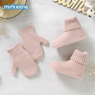 Mimixiong Winter Custom Knitted Baby Shoes Warm Soild Color Baby Booties and Mittens 2PCS Set