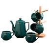 New Arrival Thermos Ceramic Porcelain Coffee Tea Pot With 6 Cups Set Wood Frame