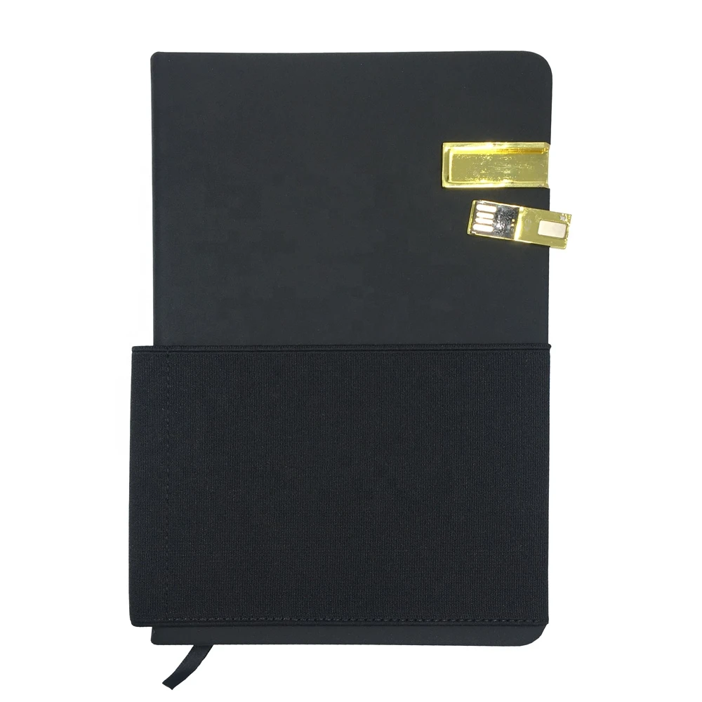New Design A4/A5/A6 Hardcover Black Thermo PU Leather Cover Undated USB Journal Notebook With Pen Loop On Spine