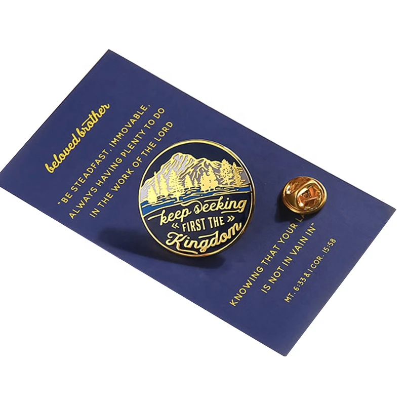 New design gold shiny mountain lapel pin shape metal round lapel pin