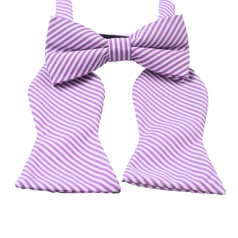 novelty cheap hand made purple striped polyester self tie bow tie and bow tie set for men