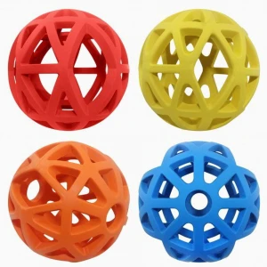 Pet Dog Toy Accessory Ball Chew Rubber Resistance To Bite Yellow Blue Red And Orange Pierced Rubber Chew Toy