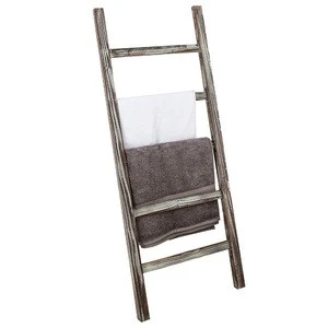 Rustic Wooden Barnwood 5-Rung Blanket Ladder Organizer Hanging Towel Bar Rack