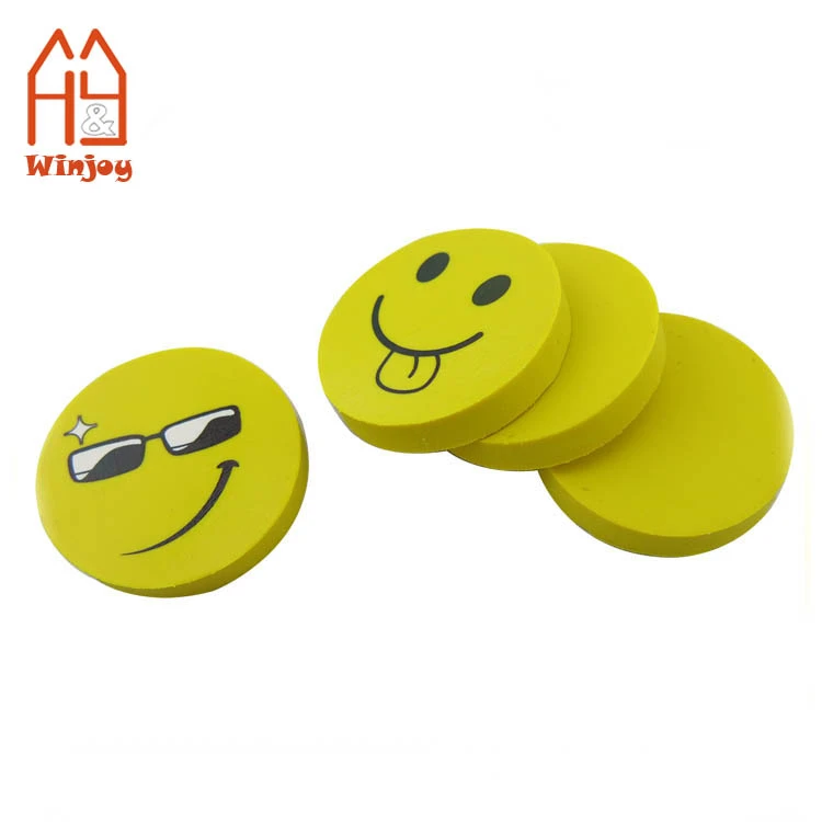 School Stationery Yellow Kawaii Erasers EN71 Standard Custom Design Round Shaped Smile Face Bulk Eraser