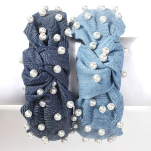 Simple Jeans Fabric Pearls Hairbands for Girls/Women Blue Cloth Cross Kontted Plastic Wide-edged Headband Female Headpiece