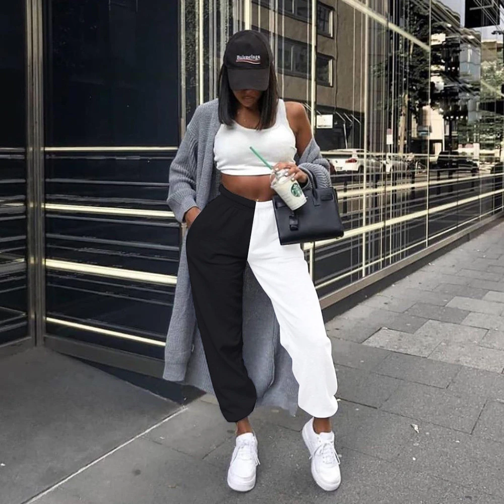 Spring Fashion Black White Patchwork Sporty High Waist Sweatpants With Pockets Casual Streetwear Women Trouser