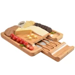 Square Bamboo Cheese Board and Knife Set with Cutlery In Slide Out Drawer Cheese Platter Cutting Board