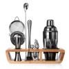 Stainless Steel Boston Cocktail Shaker Set Bar Accessory Set with Bamboo Holder Rack