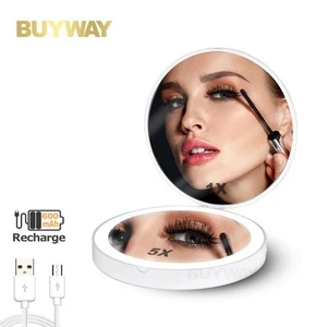 Travel of hand size pocket bag usb rechargeable led cosmetic mirror with a plane mirror and a 5X magnifying glass