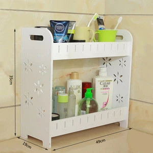 Two-storey white wooden bathroom corner cabinet with wash and care supplies