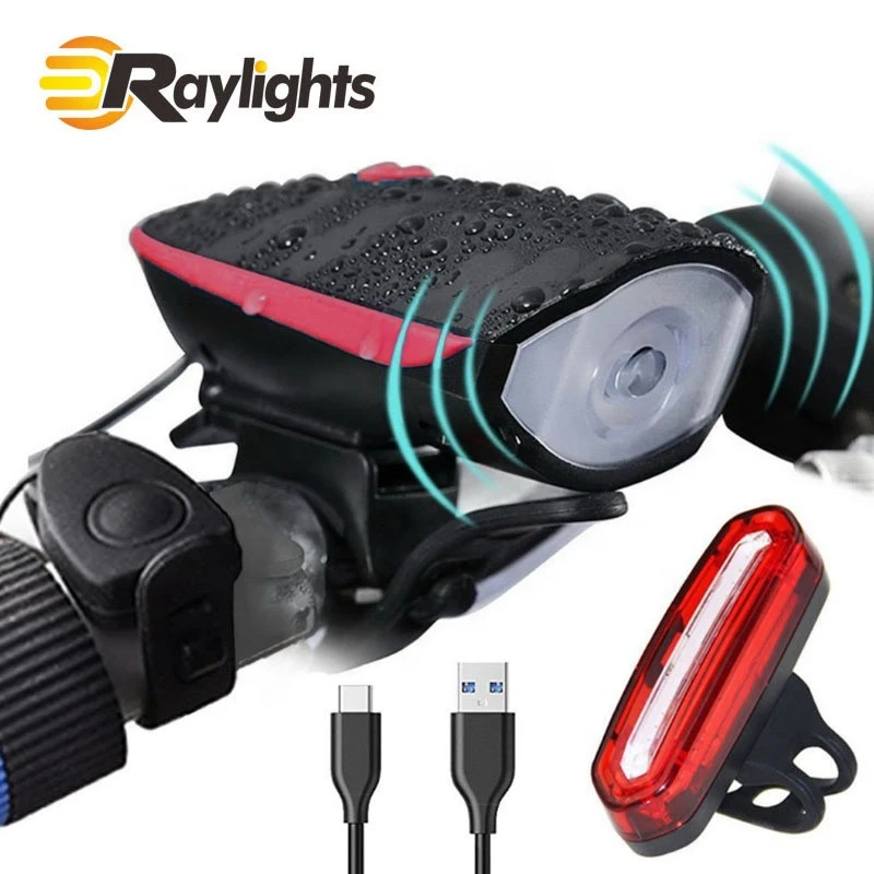 USB charging MTB Bicycle headlight speakers horn 7588 + LED Warning Tail light AQY096