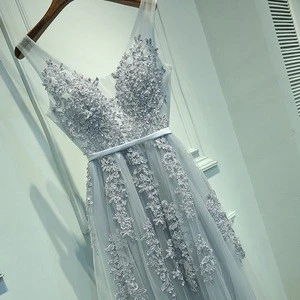 V neck beads embroidery grey wedding long bridesmaid dresses elegant party women prom dresses