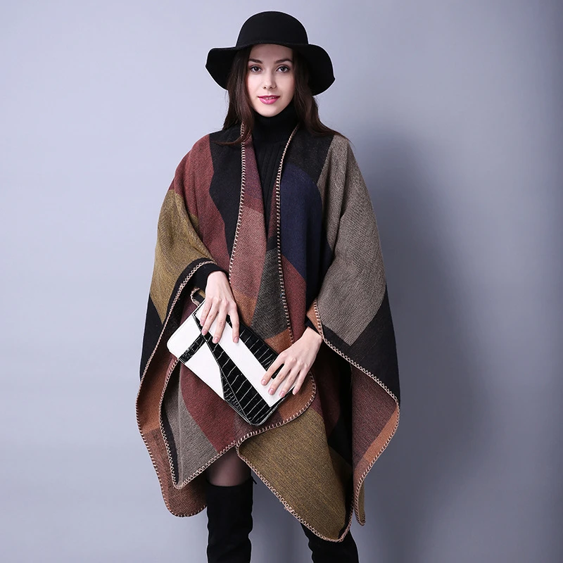 Versatile fall/winter scarf checkered traveling ladys cashmere shawl cashmere shawl knit poncho