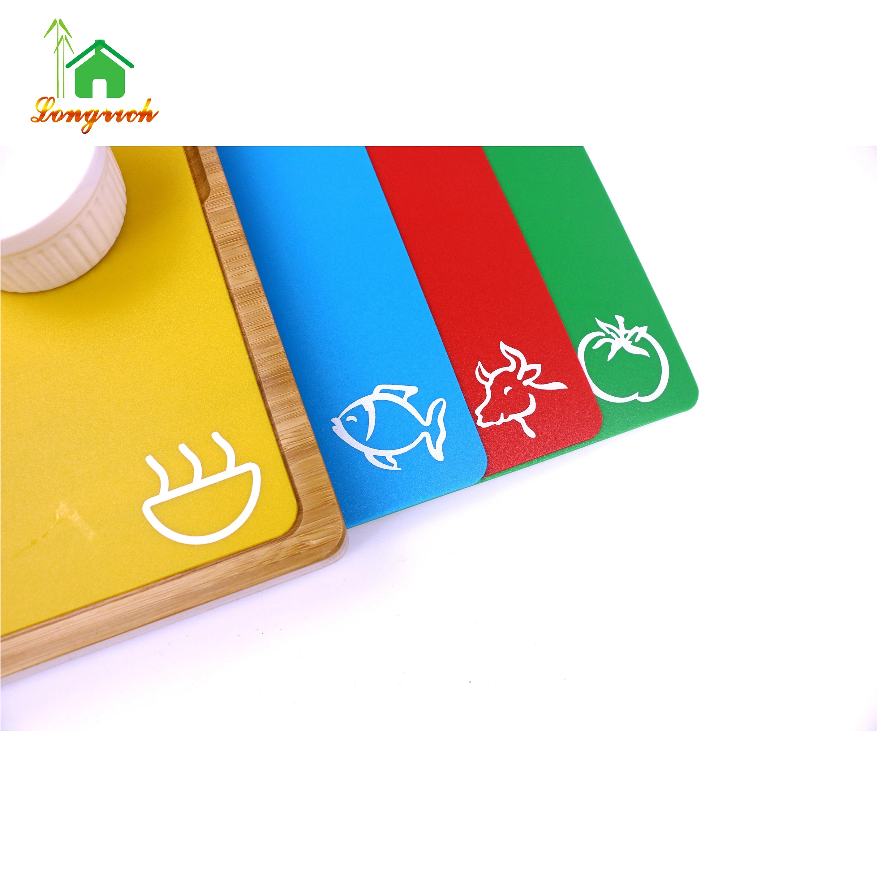 Wholesale Bamboo Wooden Cutting Chopping Board with Color-Coded Cutting Mats and Handles