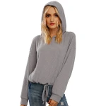 Wholesale Fashion Spring Black Polyester Girls Tops Long Sleeve Drawstring Bottom Pull Over Women Hoodie