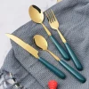 Wholesale wedding party flatware gold dinner knife fork spoon set green ceramic handle cutlery stainless steel