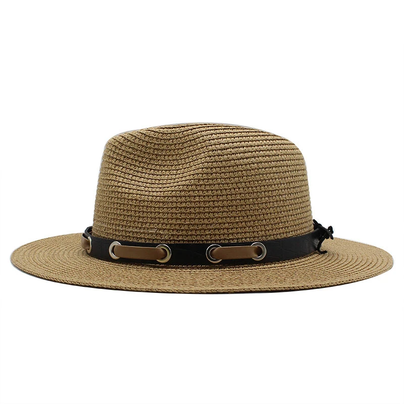 Wide Brim Summer Beach Fedora Caps  Women Men Panama Straw Hats Travel Beach Wide Brim Fedora Jazz Leather Belt Beach Sun Hat