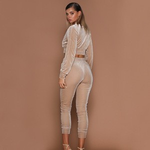 Women tracksuit Set 2 Piece Clothing Long Sleeve Velvet Sweatshirt And Pants Crop Top Yoga Workout Gym Velour Outfits C12804