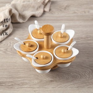 Wood Rotating Spice Rack Portable Spice Containers Spice Box Salt Canisters with Lid for Kitchen Counter Home
