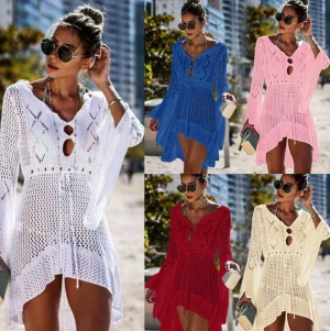 2019 Crochet White Knitted Beach Cover up dress Tunic Long Pareos Bikinis Cover ups Swim Cover up Robe Plage Beachwear