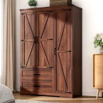 Wardrobe Closet with Doors and Drawers, Farmhouse Wooden Armoire Storage Cabinet with Shelves & Hanging Rod for Bedroom
