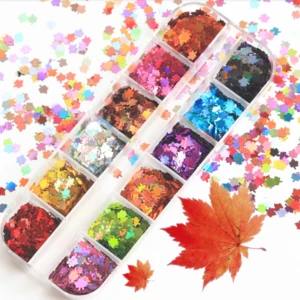 12 Set Sequins Holographic Glitter Flakes Paillette Stickers For Nails Autumn Design Decor Maple Leaves Nail Art