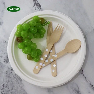 12PK Disposable Biodegradable silver dot wooden cutlery set fork spoon knife for dinner