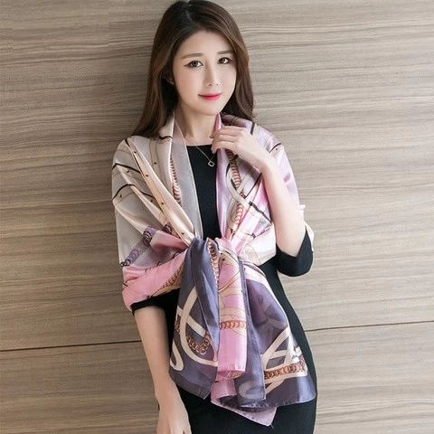 190*90 Korean version spring summer new printed silk live broadcast popular silk scarf sunscreen shawl shawl women