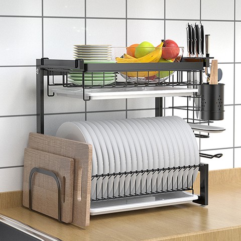 2-3 Tier Stainless Steel Storage Holders Kitchen Cabinet Organizer Dish Drying Rack with Drainboard