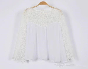 2015 Summer Plus Size White Lace Floral Blouses Shirts Women Ladies Chiffon Casual Loose Shirts Long Sleeve jumper Top Blouse