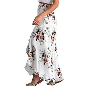 2019 fashion women clothes boho floral tie up waist summer long beach wear wrap skirt