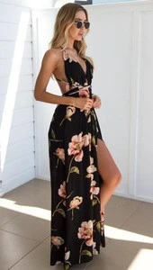 2019 Womens Black Deep V Backless Plant Print Holiday Casual  Dress