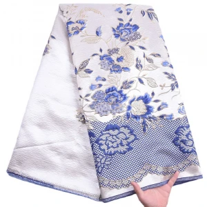 2110 Hot Selling Dubai Brocade Lace Fabric Jacquard Brocade Fabric Blue Lace Fabric With Gold Line