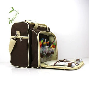 4 person wine picnic basket bag with cutlery set and shoulder strap