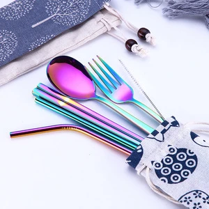6pcs reusable SUS 304 cutlery  travel utensils flatware with Metal straw pattern fabric pouch chopsticks forks and spoons