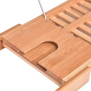 Adjustable useful bamboo bathtub caddy shower shelf rack tray with glass and pad holder